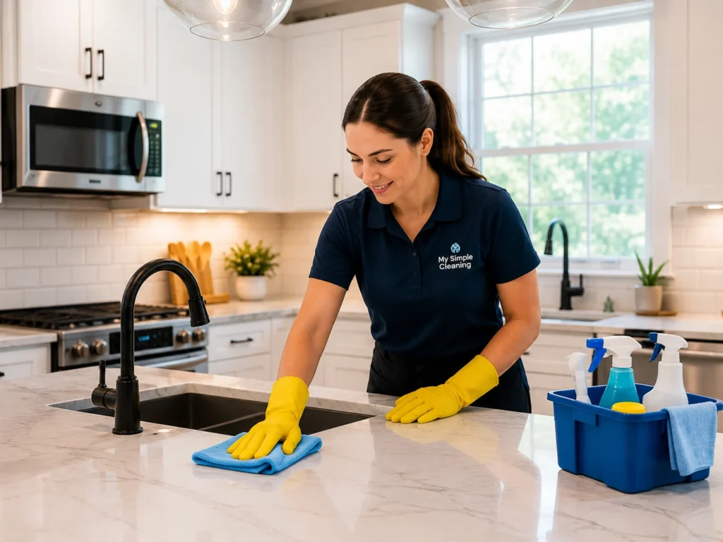 Professional deep cleaning service in a bright kitchen near Cleveland Ohio