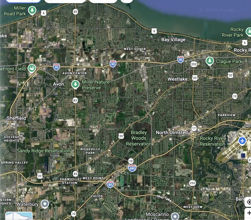 Map of My Simple Cleaning service areas: Avon, Westlake, North Ridgeville, Bay Village, Rocky River, North Olmsted and nearby west-side suburbs